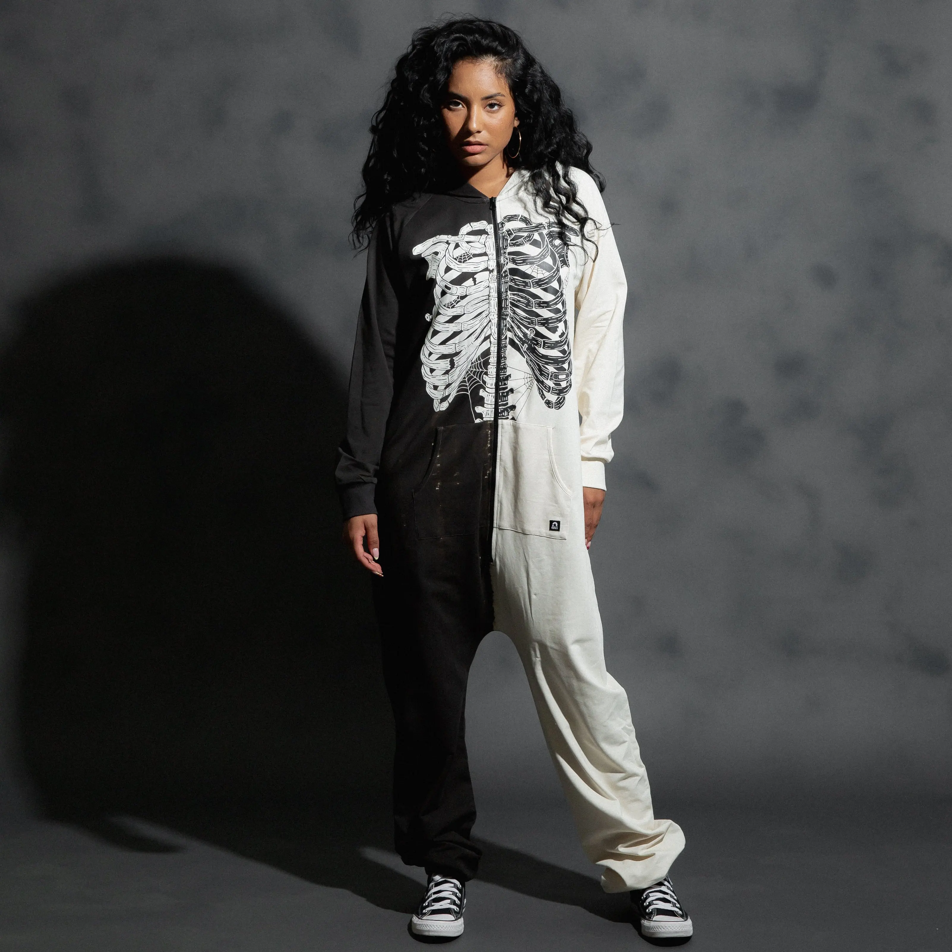Adult Oversized Zip Jumpsuit - 'Black & White Skelly'