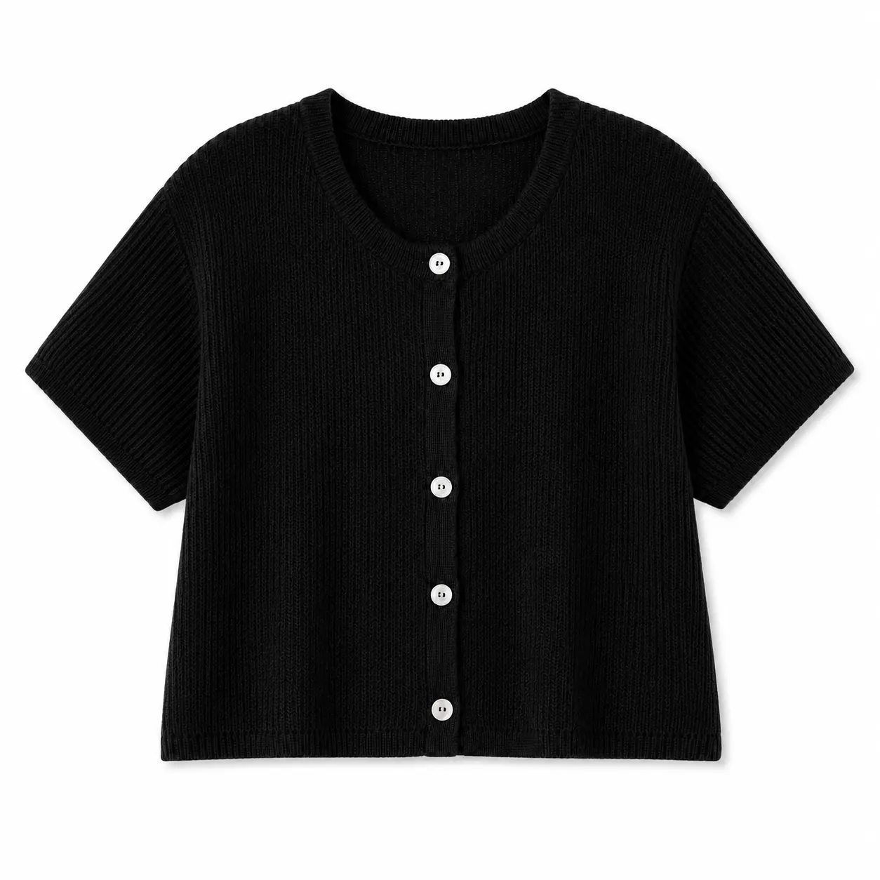 Women’s Black Short Sleeve Knit Cardigan, 5-Button Crew Neck Cropped Sweater Top, Ribbed Minimalist Casual Office Layer