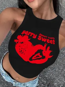 Women's Summer Casual Tank Top with Strawberry Letter Print, Soft Slim-Fitting Vest for Everyday Wear, Comfortable and Stylish Home Leisure Wear