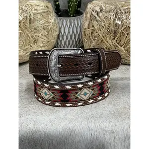 Nocona Embroidered Inlay Tapered Weave Brown Belt