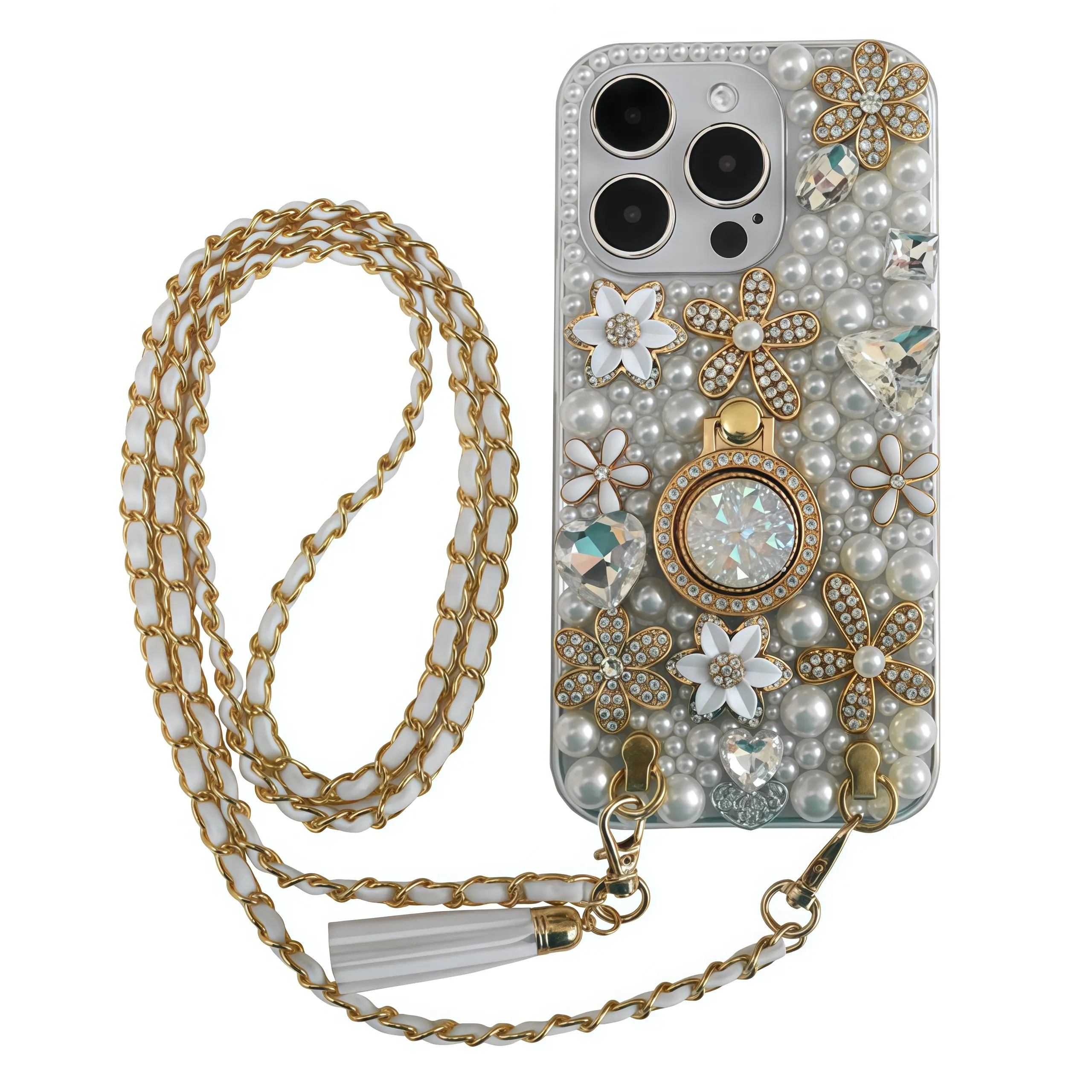 Handmade Pearl & Bedazzled iPhone Case PVC Shockproof Corner Cushion Crossbody Cover for iPhone 15 16 17 Series Elegant Design