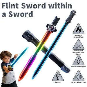 7-Color Changing Kids Light Saber with Dynamic Battle Sounds & Mist Spray, Spark Effect on Draw, Type-C Rechargeable, Double-Blade Merge, Ultimate Cool Birthday & Holiday Gift for Kids Retractable Multi-Color Lightsaber Toy