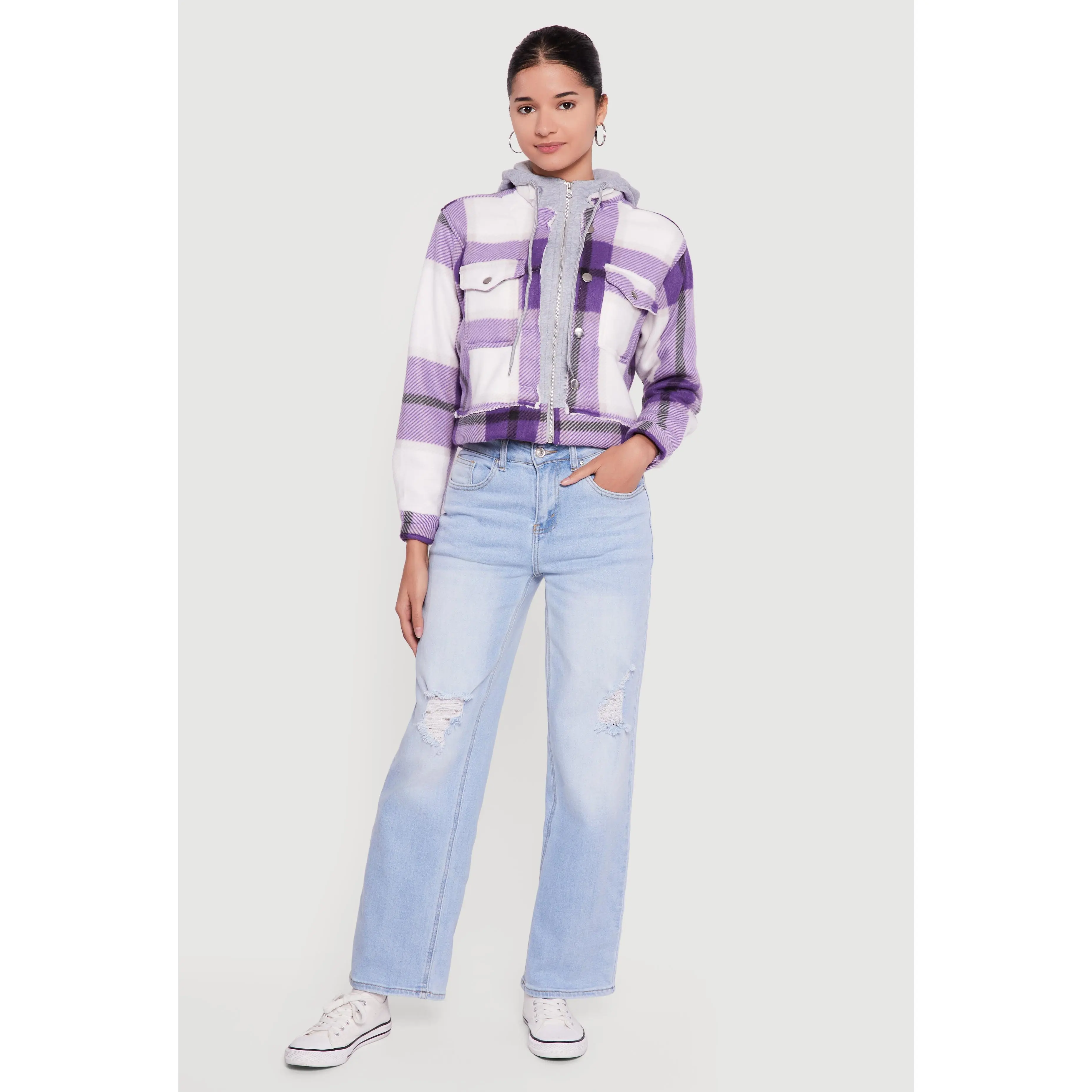 Plaid Zip Front Cropped Hooded Sherpa Shacket