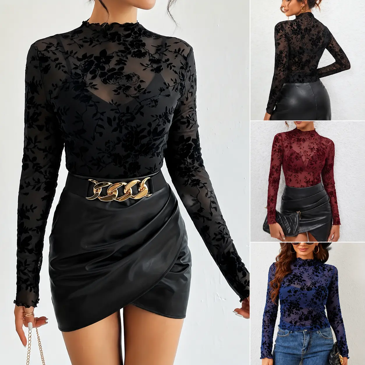 FEITAI Women's single-layer braless stand-up collar mesh base layer top, women's T-shirt, elegant style