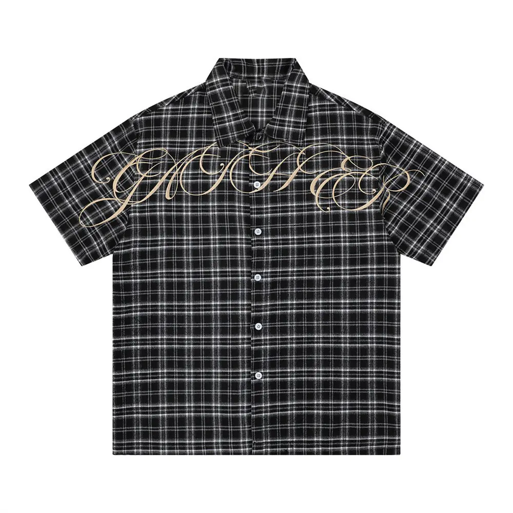 Inflation Plaid Embroidery Open Collar Shirt Men Y2K Oversized Short Sleeve Streetwear Button Up