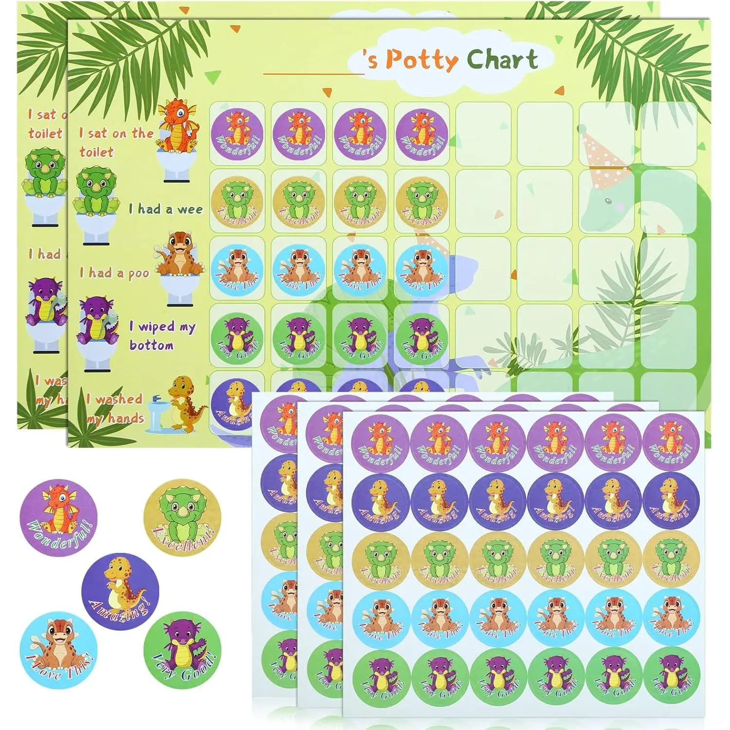 Dinosaur Potty  Chart for  Boys Toilet  Reward Potty Stickers Chart with 90 Cute Dinosaur Stickers Chart for  Girls Boys