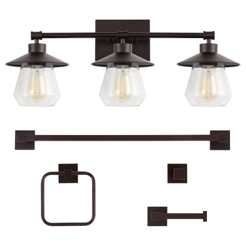 JONATHAN Y Avalon 26" 3-Light Farmhouse Cottage Vanity Light with Bathroom Hardware Accessory Set
