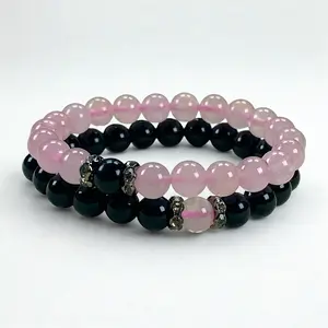 Love & Protection Couple Bracelet Rose Quartz & Black Obsidian 8MM Natural Crystals for Couples Valentine's Day Gift His & Her Heart Shield Set