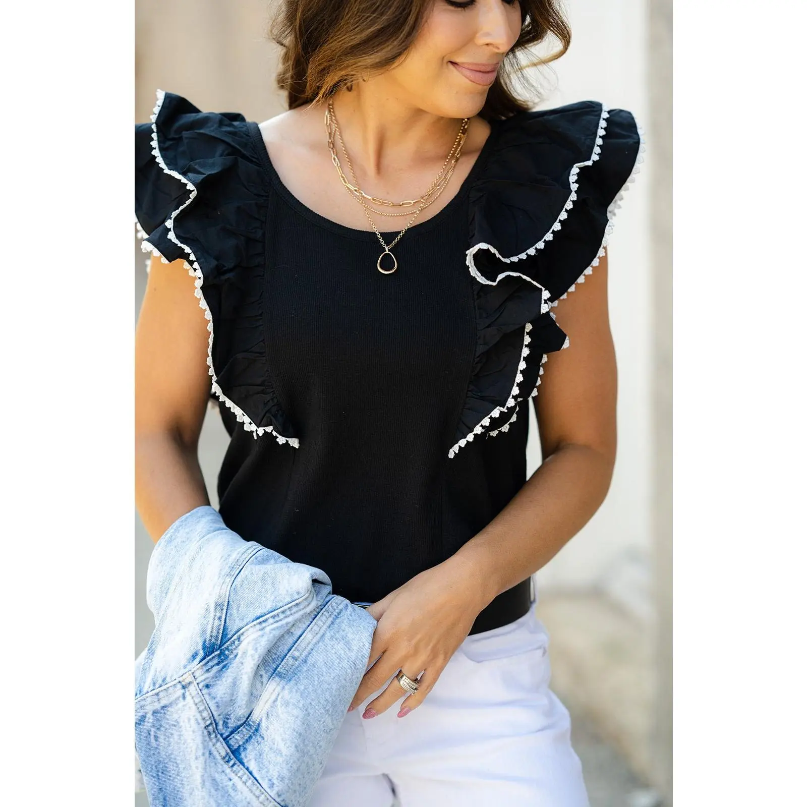 Eyelet Trimmed Double Flutter Blouse