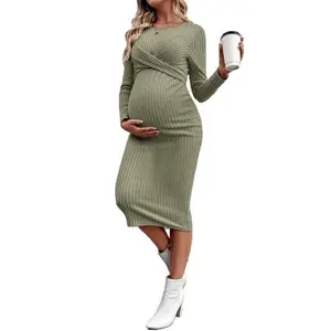 Maternity dress, long-sleeve maternity dress, elegant twist, slim fit maternity jumpsuit dress, can be worn with a raincoat