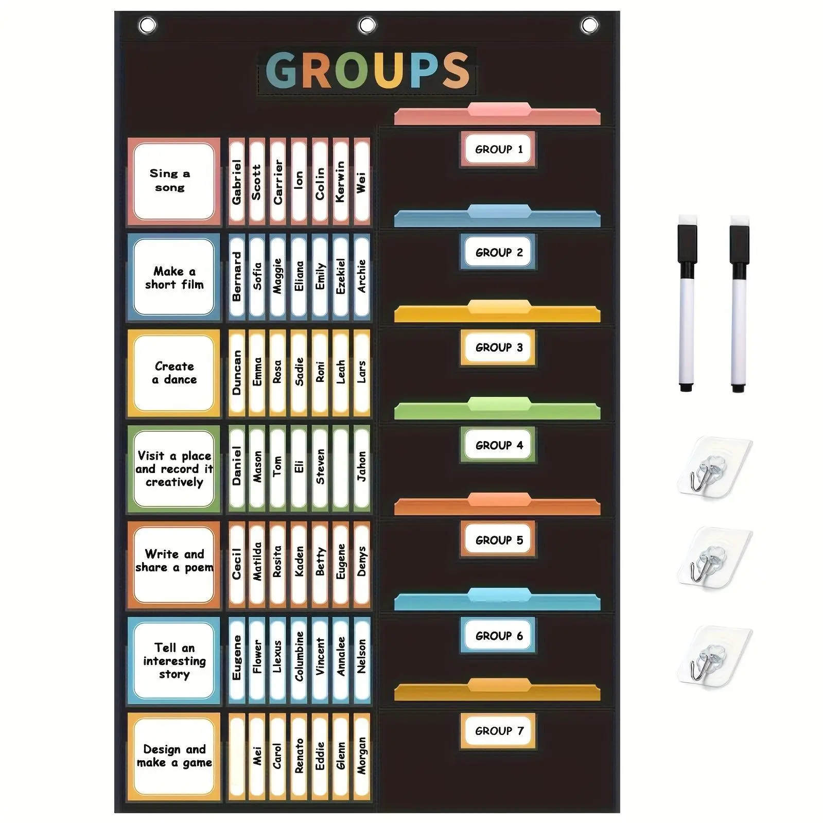 Bohemian Style Group Management Pocket Chart with 114 Cards Classroom Work Chart, Large Size, Group Work Management Hanging Bag Set Includes 2 Markers, 3 Hooks, 114 Cards) School Teacher Primary School Learning Supplies Group Storage Bag (Black)