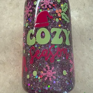Cozy Season Christmas Tumbler Cups with Glitter Snowflake Design and Festive Santa Hat Motif
