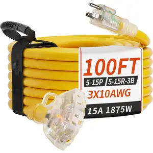 100 FT 10/3 Gauge Outdoor Extension Cord with Multiple Outlets Light , Flexible 3 Outlet Weatherproof Heavy Duty Extension Cord  Yellow, 15A 1875W 10AWG SJTW, ETL Listed