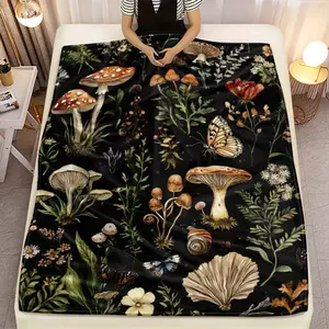 1Pc Mushroom & Floral Print Flannel Throw Blanket - Lightweight, Soft & Warm For Sofa, Bed, Travel, Living Room, Office - Contemporary Style, All-Season Use, Perfect Gift For Adults, Cozy Home Accessory |   Contemporary Style Blanket |   Plush Texture Bla