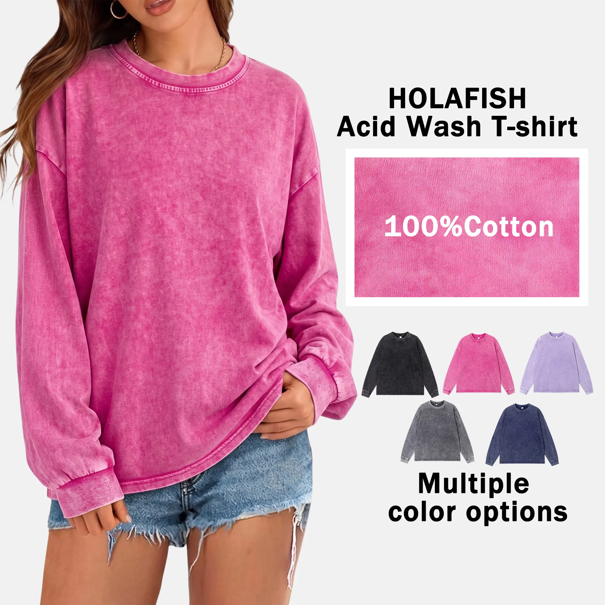 Women’s vintage washed distressed loose long-sleeve sweatshirt, crewneck casual pullover top, soft lightweight basic street-style top for everyday autumn wear