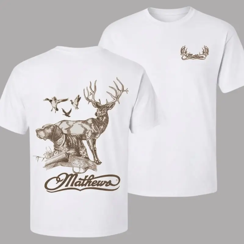 Wildlife Deer Hunting Sketch Graphic T-Shirt Front Back Double Print Outdoor Country Style Unisex White Short Sleeve Tee