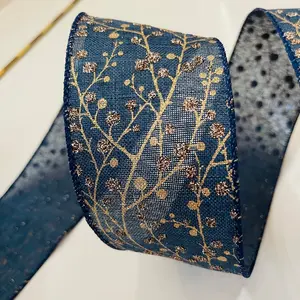 2.5” Golden Glitter Holly Berry Navy Blue Wired Ribbon 3 Yards