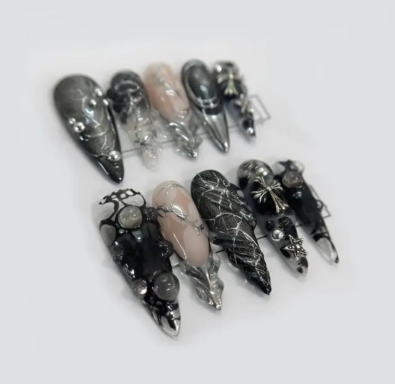 Black Silver Chrome Press On Nails Gothic False Nails 3D Cross Star Glue On Nails Edgy Punk Rock Nail Art Set Nail Art Kit Nail Box sohochic