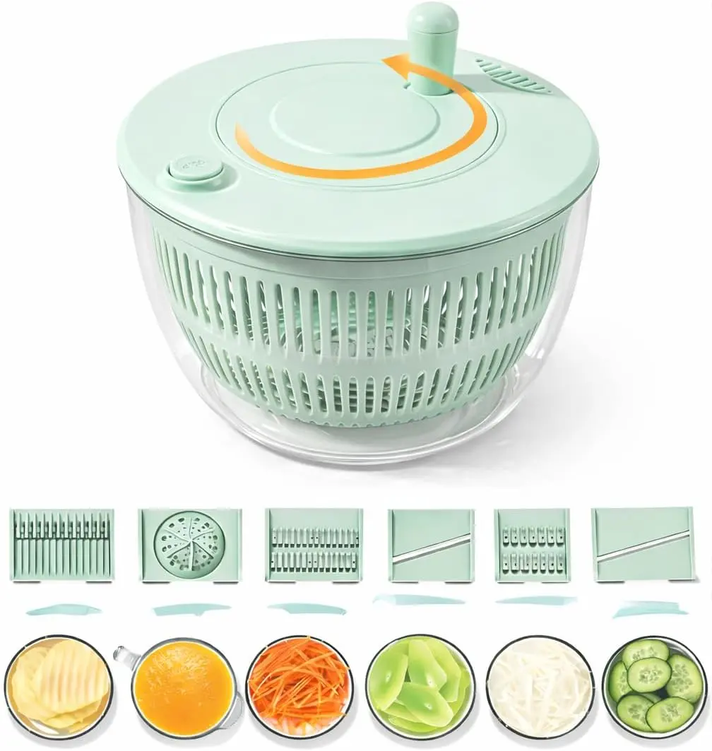 Multifunctional Large Capacity Salad Spinner for Kitchen - Lettuce Spinner with Dual Drainage, Efficient Dryer, Shredding Blades, Salad Bowl, Garlic Strainer, Slicer for Greens, Fruits, Veggies