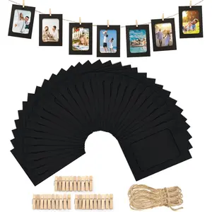 30Pcs 4x6'' Black Paper Cardboard Picture Frames with Clip and String, DIY Clip Photo Holders Hanging Display Kit Wall Decoration for Home Party Office