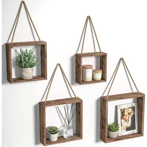 Floating Hanging Square Shelves Wall Mounted Rustic Wood Cube Display Shelf Shadow Boxes Decorative Boho Home Décor for Living Room, Bedroom, Office, Set of 4 (Brown) - MK571B