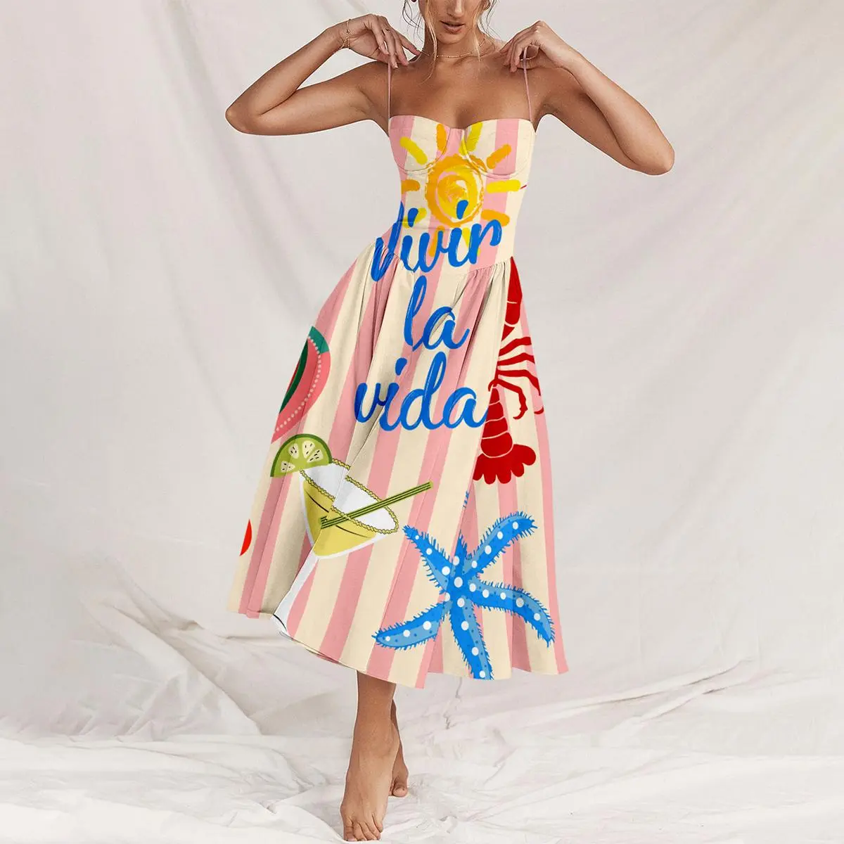 Women's Casual Vivir La Vida Printed Sundress - Sleeveless/Strapless, Fitted, Striped, Elegant, Chic Sweet, Small-Breasted Flattering, US Sizing M, Spring-Summer Going Out Coastally Themed Casual Dresses