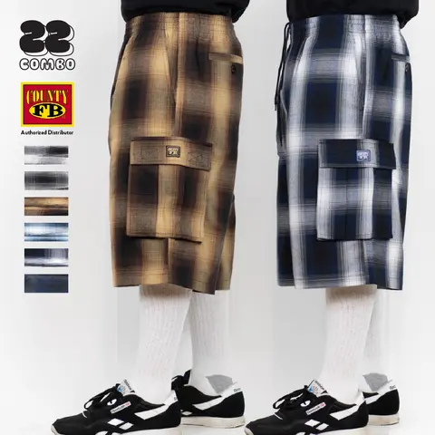 FB County Men's Big & Tall Baggy Retro Checker Pattern Flannel Shorts - Hip Hop Streetwear, 6-Pocket Carry, Soft Breathable Heavyweight Cotton Fabric, Anti-Theft, Chic, Ideal for Work, Indoor Party