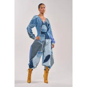 COMFY COZY JUMPSUIT IN DENIM PATCHWORK
