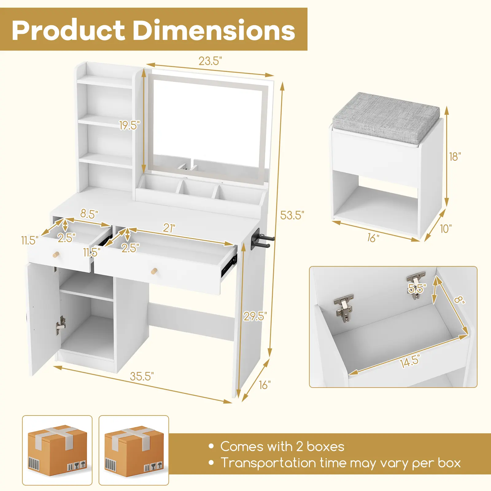 COSTWAY - Vanity Dressing Table and Chair Set with Mirror and Lights-White