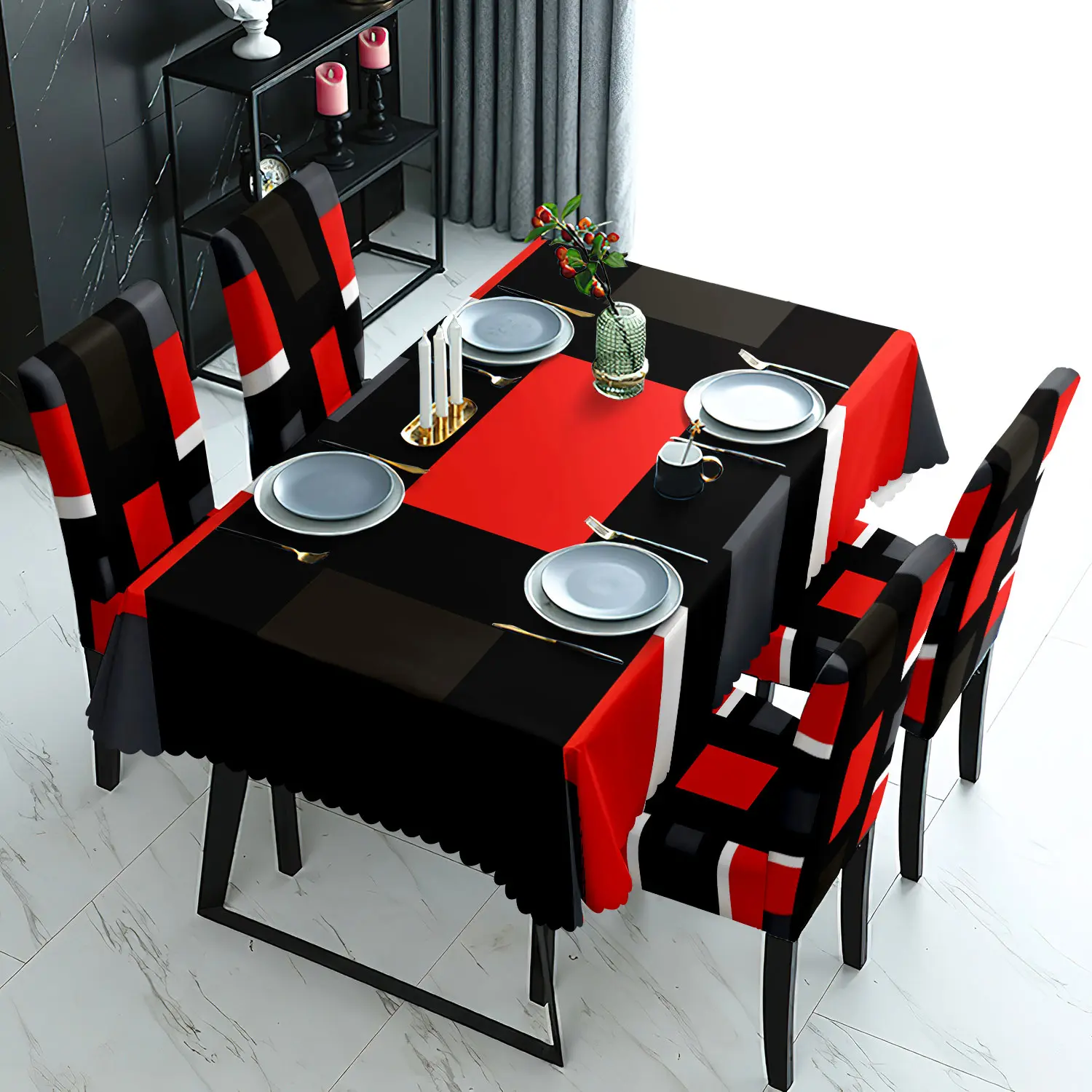 Red Black Geometric Tablecloth and Chair Cover Set, Stretch Dining Chair Slipcovers, Modern Dining Table Decor