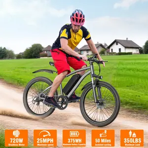 JX Electric Bike for Adults, 26" Commuter Ebikes with 7-Speed Gears, 25MPH Lightweight E Bike, 720W Peak Motor, 375Wh Removable Battery, 50 Miles Range, Electric Mountain Bicycle for All Terrain sport and outdoor