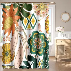 Scalloped Boho Floral Fabric Shower Curtain Set Colorful Abstract Botanical Shower Curtains for Bathroom Mid Century Modern Aesthetic Home Decor Waterproof Bath Curtain with Hooks, 72x72