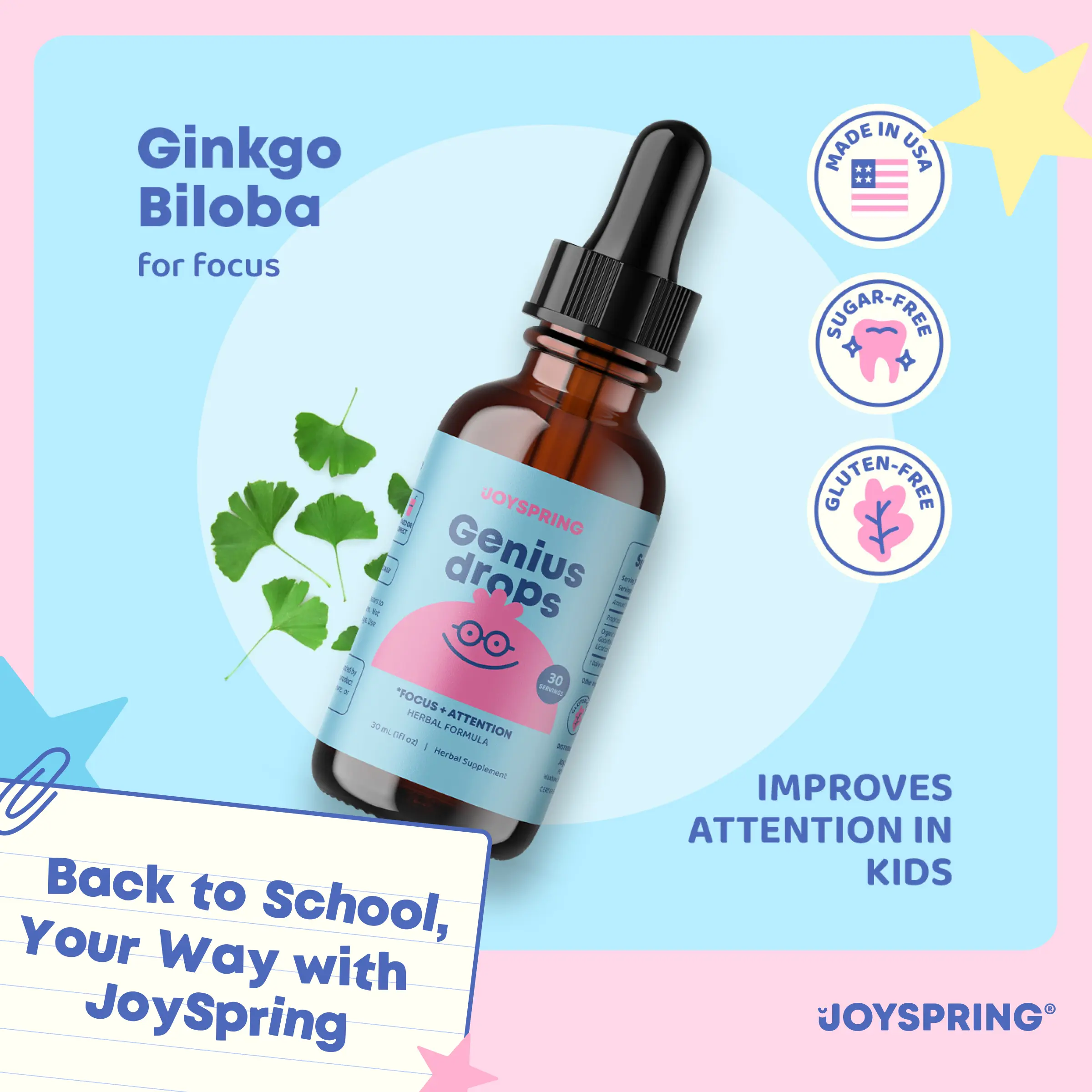 JoySpring Genius Drops Organic Focus Supplement | Stay Calmer & More Focused Naturally | Supports Concentration, Mental Clarity, and Cognitive Function