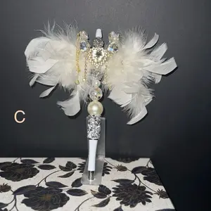 Fancy Pen for Wedding Guest Registry Book with Elegant Feathers and Pearls Decorative Writing Instrument