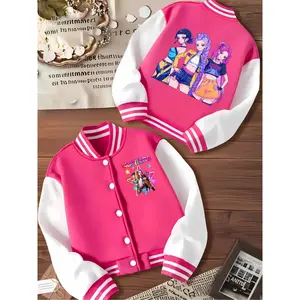 Girls' "Idol Vibe" Cartoon Baseball Jacket: Ultra-Stretch Slim Fit Activewear, Trendy Fall School Uniform & Halloween Go-To Outfit.