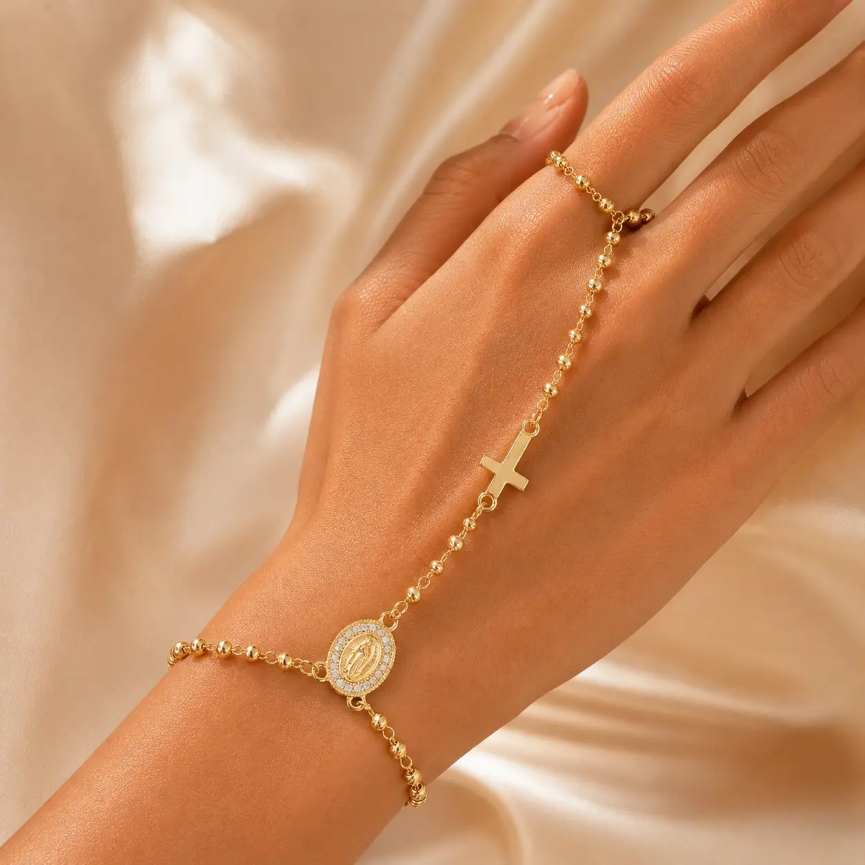 Women's Gold Exquisite Bangle Bracelet with Pendant - Christian Cross, Virgin Mary & Heart Shape Charms, Adjustable Size Religion Jewelry, Faith Gift for Her, Daily Wear
