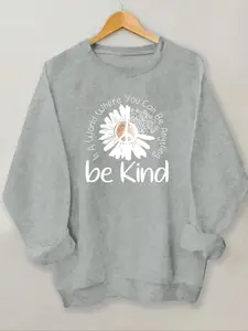 Women's Daisy & Letter Print Drop Shoulder Sweatshirt, Casual Long Sleeve Round Neck Pullover for Fall & Winter, Women's Clothes for Daily Wear