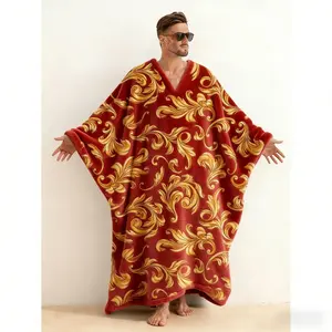Men's Wings Print Fleece Kaftan Robe, V-Neck Long Plush Lounge Robe for Men, Soft and Warm Artistic Baroque Design Bathrobe, Cozy Hooded Housecoat Gift for Him, Dad, Husband
