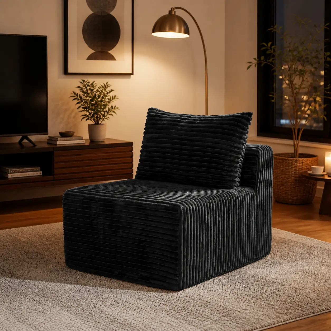 Boneless  Chair, 34.6" Armless Compressed Floor  with Ribbed Corduroy Fabric, No Assembly Modular Lounge Chair for Living Room, Bedroom, Apartment mini  bed modern comfy kids couch led family Chenille Cloud  futon small space sere en m1 plush brown