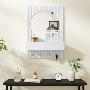 Wall Mounted Bathroom Mirror with Shelf & Hooks, Round Vanity Mirror Organizer, Modern Entryway Storage Rack, Space Saving, Minimalist Decor, for Small Bathrooms, Apartments & Powder Rooms, Keep Essentials Organized & Countertops Clutter-Free