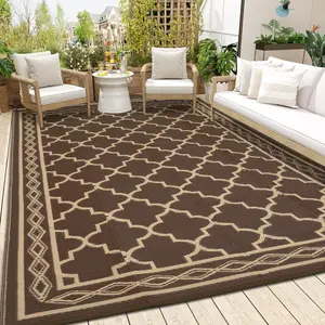9x18ft Outdoor Patio Rug, Large Waterproof Reversible Carpet for Deck Backyard Balcony, Plastic Straw RV Camping Mat Easy Clean,Brown/Coffee