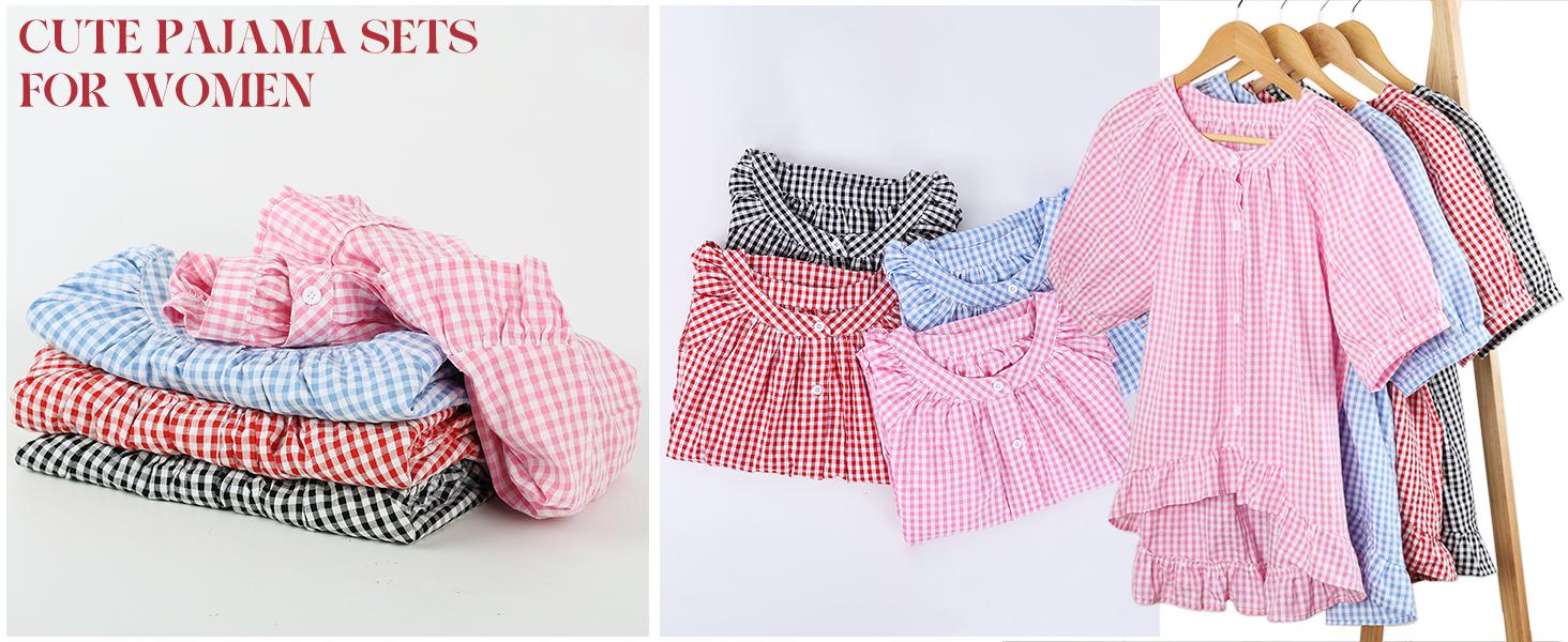 Yimoon Gingham Pajama Set for Women 2 Piece Plaid Cotton Button Down Top and Pants Pjs Ruffle Lounge set Sleepwear Casual Chic