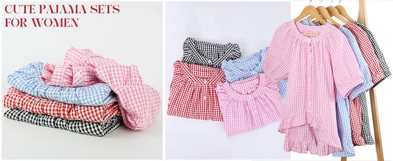 Yimoon Gingham Pajama Set for Women 2 Piece Plaid Cotton Button Down Top and Pants Pjs Ruffle Lounge set Sleepwear