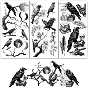3pcs/Set Vintage Crow Rub on Transfers for Furniture and Crafts 6x12 inch Crow Feather Furniture Decals Moon Decor Transfer Stickers Rub on Decals for Furniture Scrapbooking Home Decor