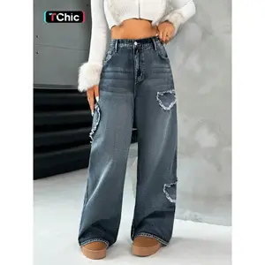 Women's Classic New Heart Embroidered Straight-Leg Jeans, Elegant Fitted Woven Denim Jeans for All Seasons, Versatile Washed Jean Style, Pants, Embroidery