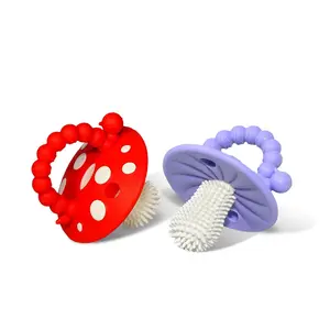 Soft Silicone Infant & Baby 3M+ Teether Toy Massaging Bristles Teething Relief Pacifier - Soothes Sore Gums - Hands-Free & Easy-to-Hold Chompy Teether, BPA Free (RED/Lavender)