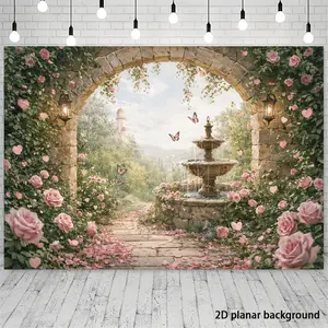 Romantic Garden-Themed 2D Tapestry Backdrop, Pink Roses European Fountain & Vintage Wall Sconces Stone Arch Decor - Indoor/Outdoor Wall Hanging for Weddings, Room Decoration