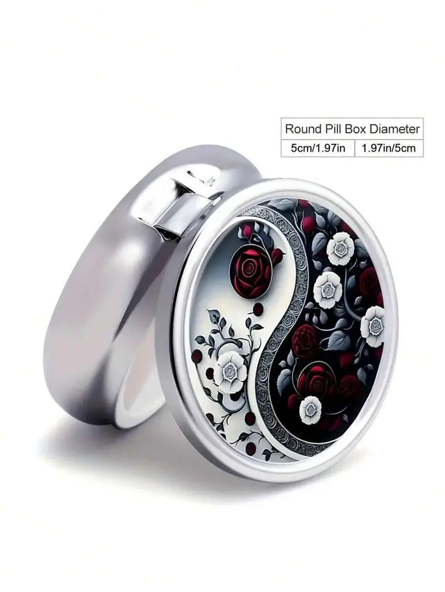 Floral 2-Compartment Decorative Metal Pill Box - Portable Home Organizer Medication Vitamin Storage Case, Pocket/Wallet-Sized Unique Gift