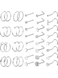 23/40 Pieces Nose Piercing Set, 20g Silver Color Surgical Steel, L-Shaped Nose Studs, Cz Nose Rings for Women & Men, Nose Piercing Jewelry, Body Piercing Jewelry