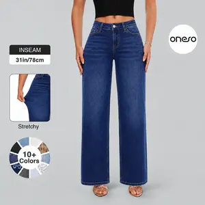 ONESO Wide Leg BBL Jeans for Women Trendy Streetwear Stretchy Mid Low Rise Denim Pants Womenswear Basic Dark Blue Fitted Minimalist Bottoms Casual Everyday Outfit Jeans for Women